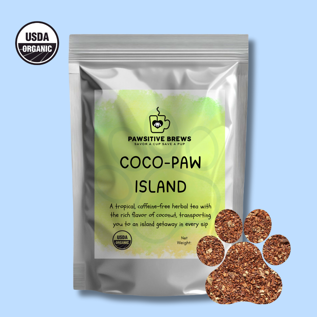 Coco-Paw Island caffeine-free coconut herbal tea by Pawsitive Brews