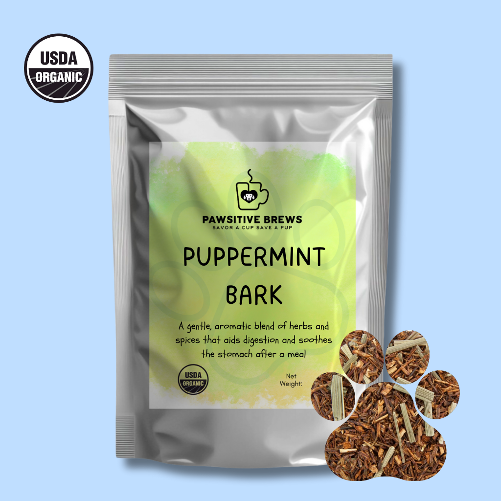 Puppermint Bark caffeine-free after-dinner herbal blend by Pawsitive Brews