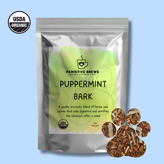 Puppermint Bark caffeine-free after-dinner herbal blend by Pawsitive Brews