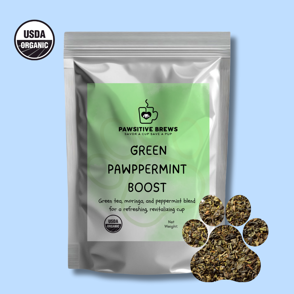 Green Pawpermint Boost organic green tea with moringa and peppermint by Pawsitive Brews