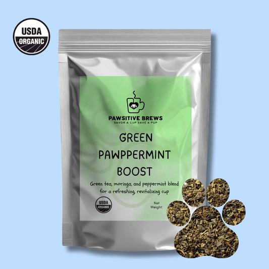 Green Pawpermint Boost organic green tea with moringa and peppermint by Pawsitive Brews