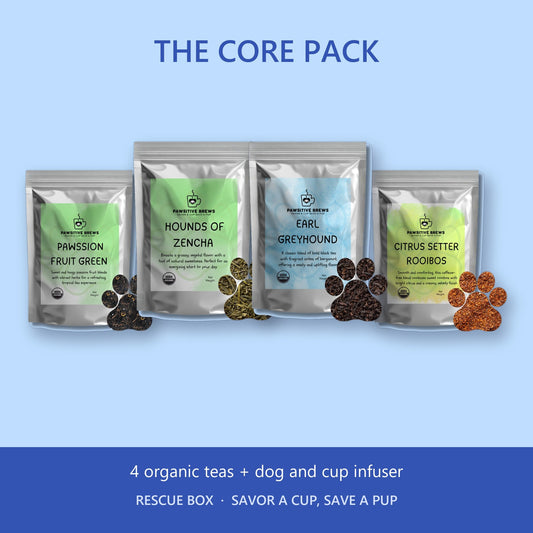 The Core Pack Rescue Box: Pawssion Fruit Green, Hound of Zencha, Earl Greyhound and Citrus Setter Rooibos plus a dog and cup infuser