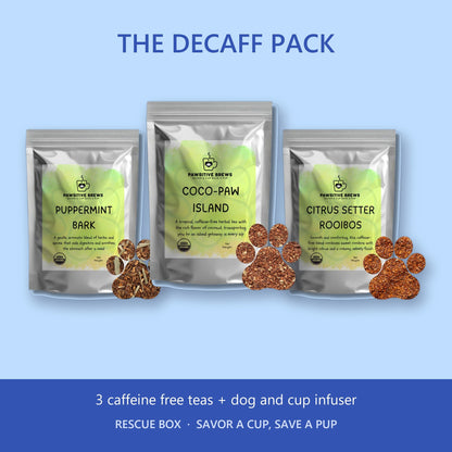 The Decaff Pack Rescue Box: Puppermint Bark, Coco-Paw Island and Citrus Setter Rooibos caffeine free teas plus a dog and cup infuser