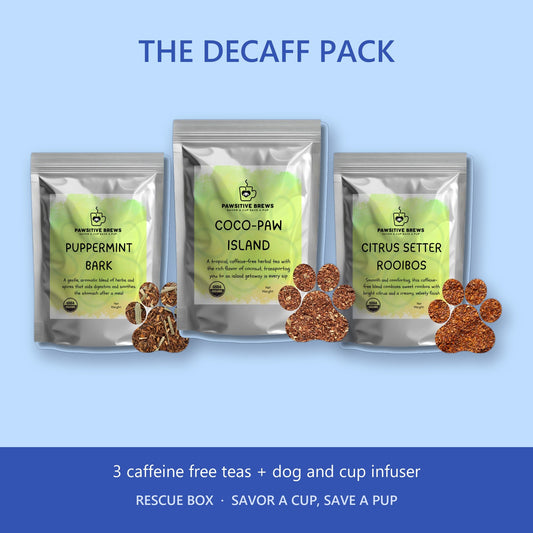 The Decaff Pack Rescue Box: Puppermint Bark, Coco-Paw Island and Citrus Setter Rooibos caffeine free teas plus a dog and cup infuser